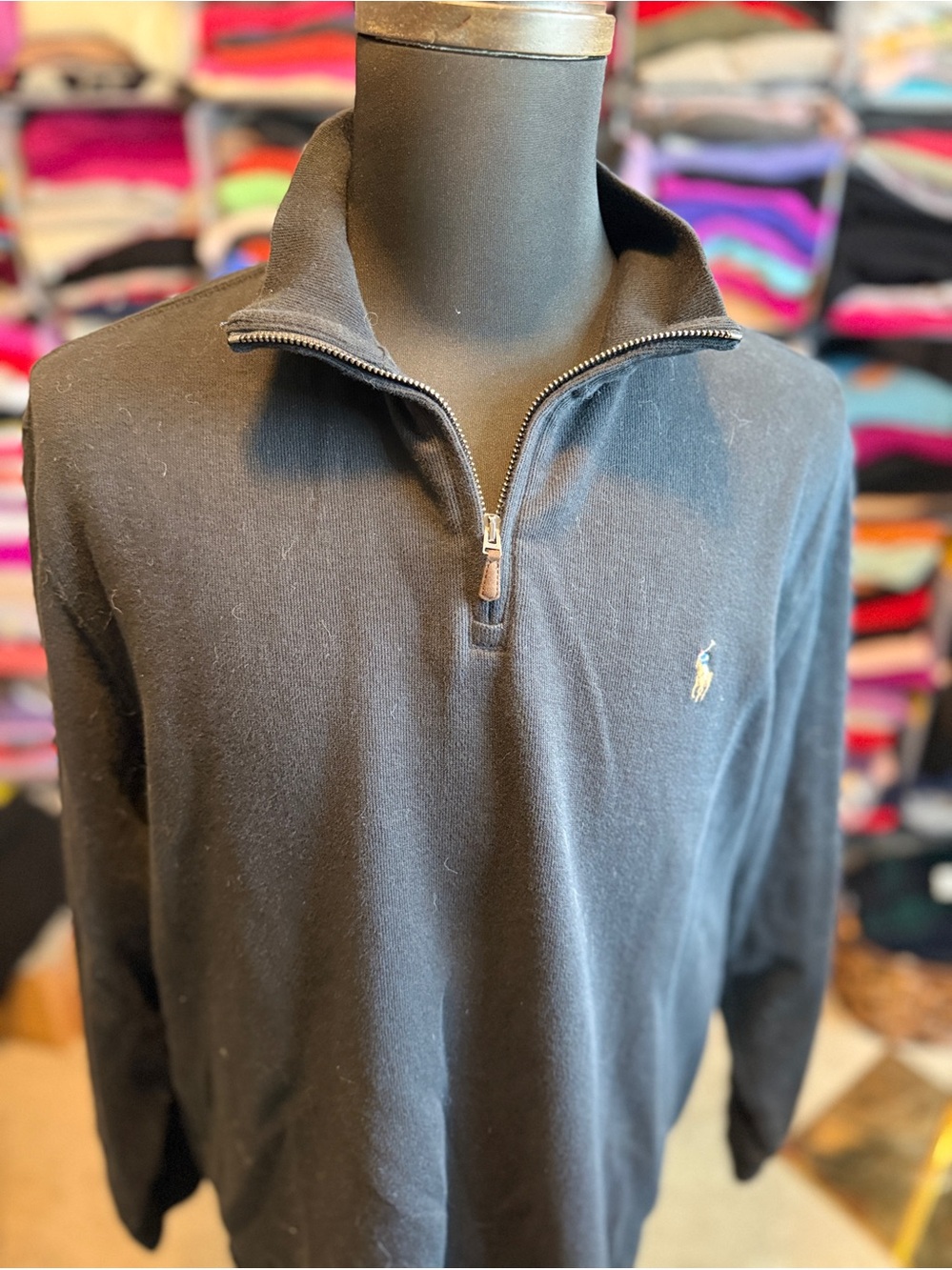 Ralph Lauren Men’s Black Half-Zip Cotton Sweater with Gold Pony